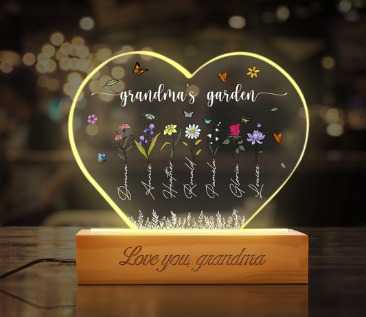 Baby Night Light,Personalized Mom Garden Acrylic Heart Shape, Acrylic Heart Shape Decoration, Grandma Garden Gift