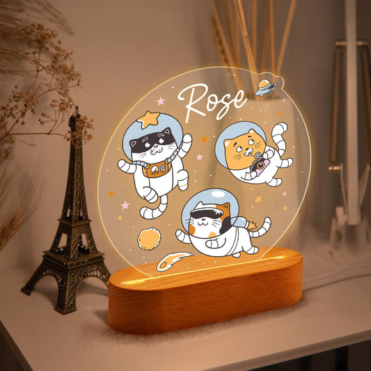 Kid Name Cat Astronaut Night Light, Personalized Nursery LED Lamp, New Baby Gift, Child Bedside Light